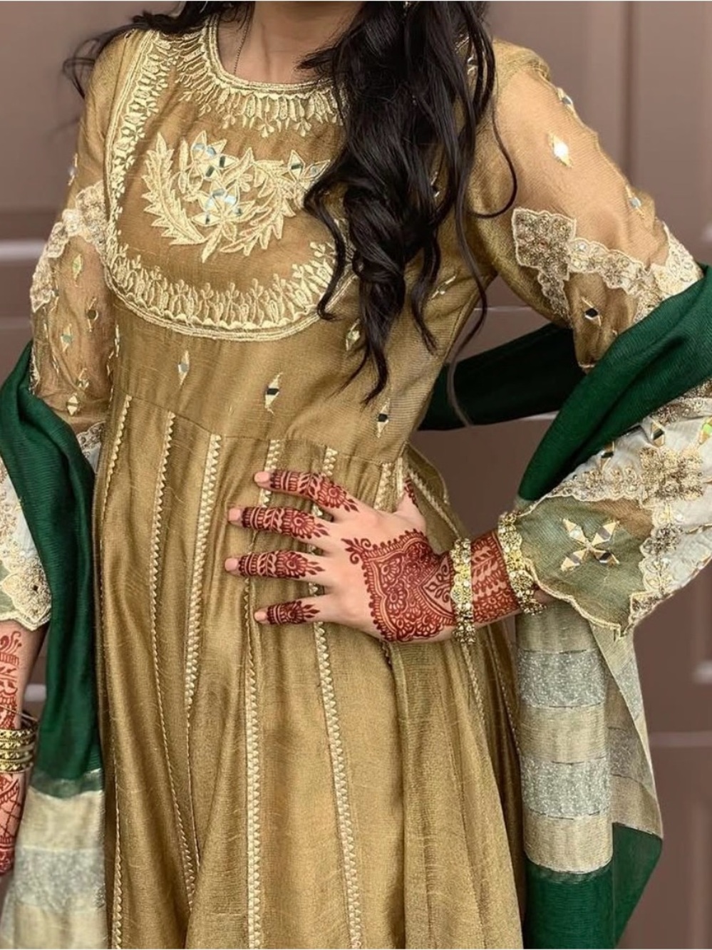 Embroidered Gold Women's Suit with Green Dupatta